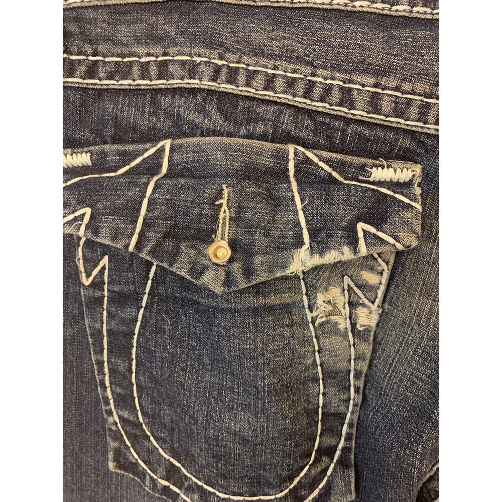 True Religion Jeans Dark Blue Wash Straight Leg Distressed Whiskering Mens SZ 42 - Picture 4 of 12